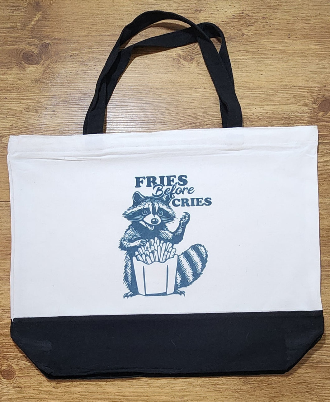 Funny Foodie Tote Bag – “Fries Before Cries” Raccoon Design, Large Canvas Shopper