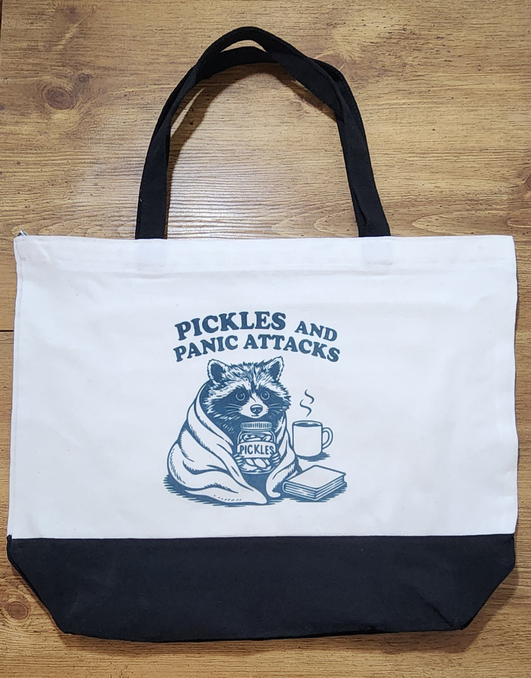 Pickles and Panic Attacks Tote Bag – Funny Raccoon Large Canvas Tote with Zipper