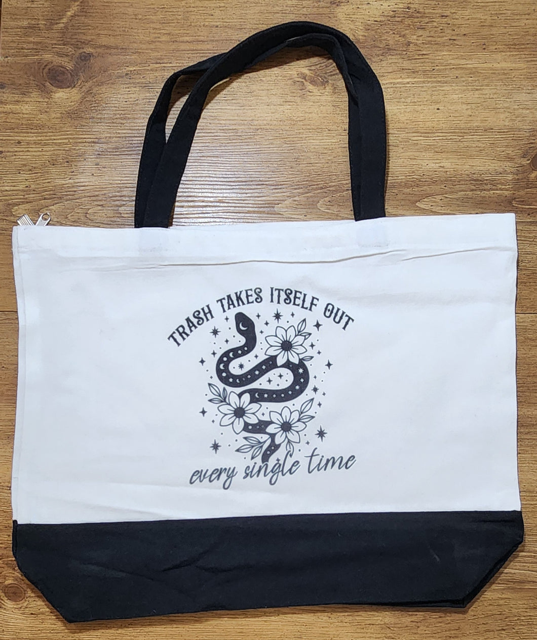 Trash Takes Itself Out Tote Bag – Snake Floral Empowerment Canvas Tote with Zippe
