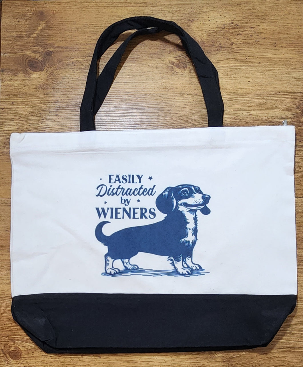 Easily Distracted by Wieners Tote Bag – Funny Dachshund Canvas Tote with Zipper